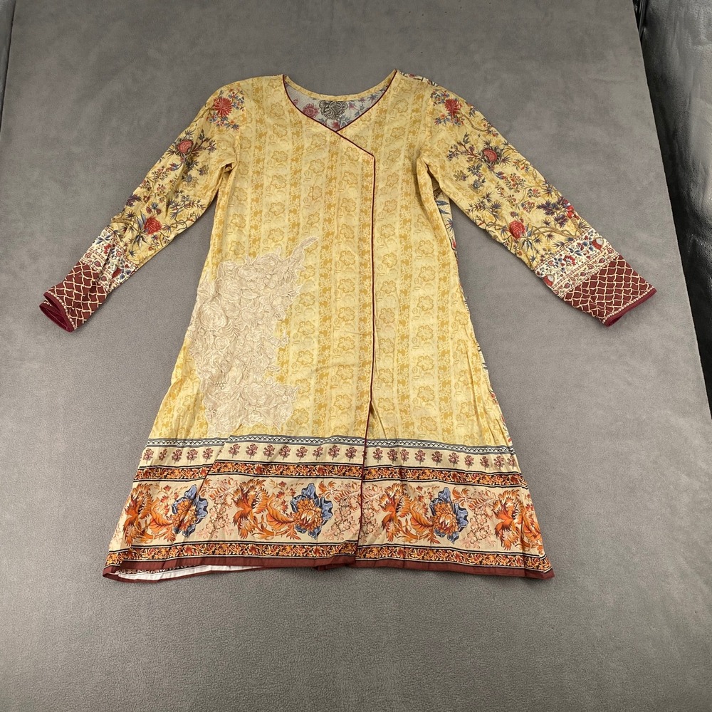Boho Floral Lace Applique Faux Wrap Tunic Dress Yellow Red Long Sleeve Tunic